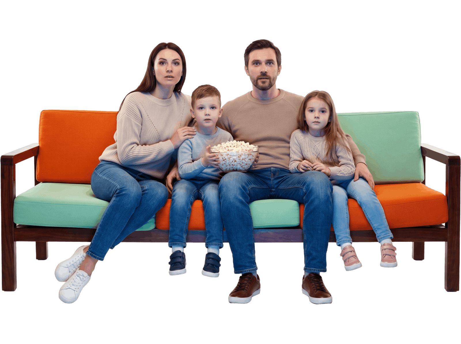 Family eating popcorn while watching a premium IPTV subscription UK on a smart TV